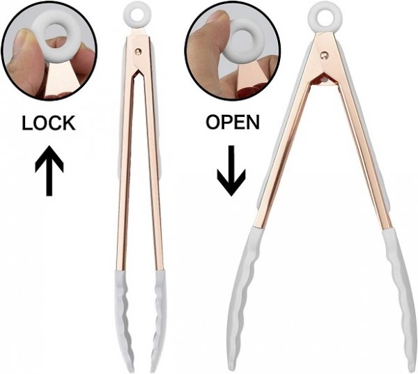Stainless Steel Silicone Tip Kitchen Food Grilling and Cooking Tongs Set of Two for Nonstick Cookware, Grilling Tongs, Rose Gold and White 9" and 12"