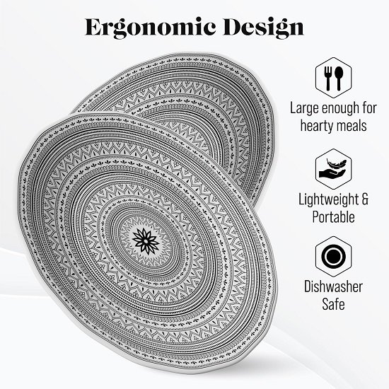 Melamine Plates, 11-Inch Lightweight and Break-Resistant Dinner Plates, Moroccan Black/White Design, Set Of 4