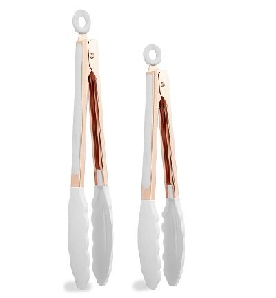 Stainless Steel Silicone Tip Kitchen Food Grilling and Cooking Tongs Set of Two for Nonstick Cookware, Grilling Tongs, Rose Gold and White 9" and 12"